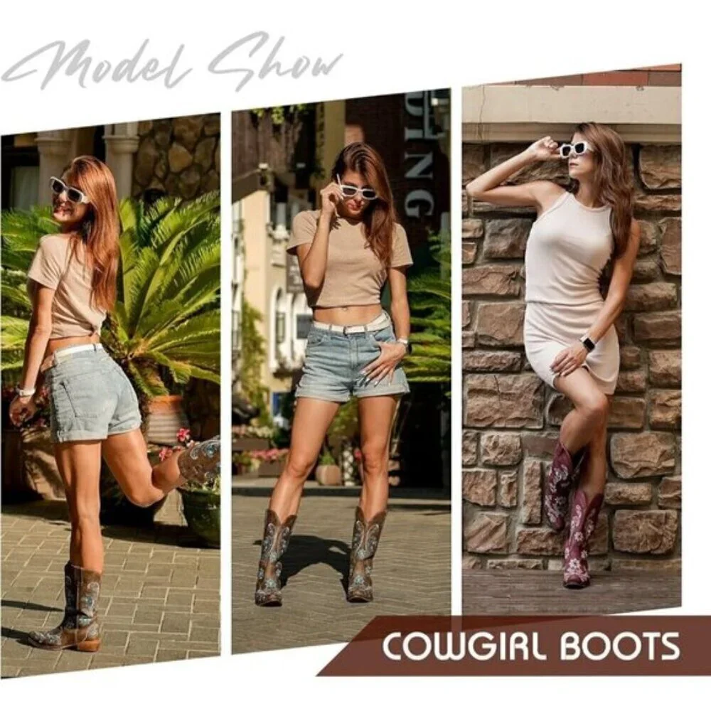 ⭐ IUV Women's Embroidered Cowboy Boots - Mid Calf Western Snip Toe Cowgirl Boots
